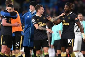 Allan Saint-Maximin and Kieran Trippier celebrate after the Premier League match between Leeds United and Newcastle United (Photo by Stu Forster/Getty Images)
