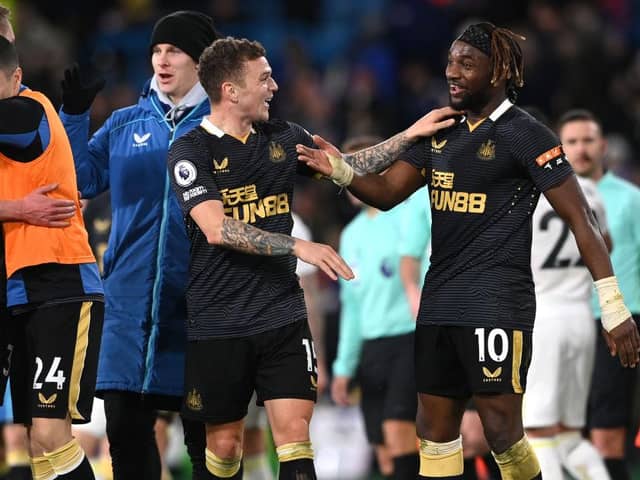 Allan Saint-Maximin and Kieran Trippier celebrate after the Premier League match between Leeds United and Newcastle United (Photo by Stu Forster/Getty Images)