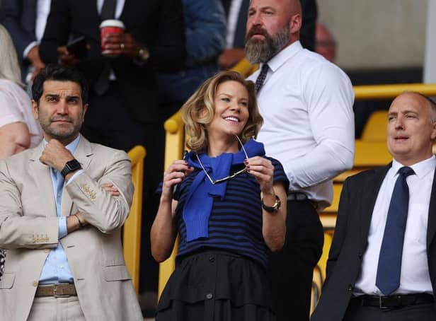 Newcastle United Co-Owner Mehrdad Ghodoussi, Newcastle United Co-Owner and Chief Executive Officer of PCP Capital Partners Amanda Staveley and Newcastle United's CEO Darren Eales look on during the Premier League match between Wolverhampton Wanderers and Newcastle United at Molineux on August 28, 2022 in Wolverhampton, England. (Photo by Eddie Keogh/Getty Images)