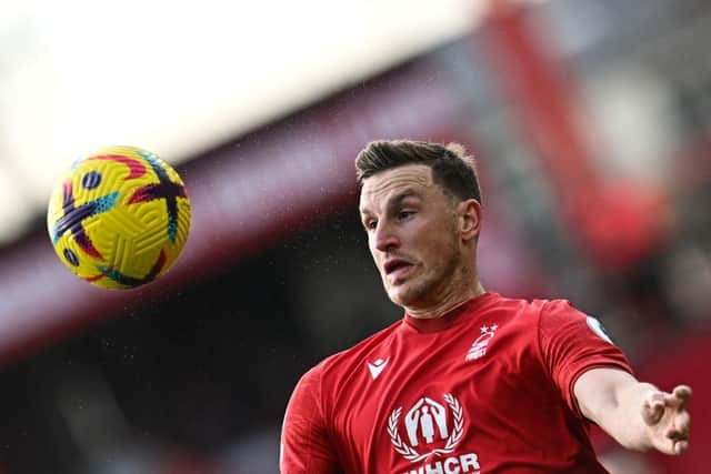 Nottingham Forest's New Zealand striker Chris Wood eyes the ball during the English Premier League football match between Nottingham Forest and Leeds United at The City Ground in Nottingham, central England, on February 5, 2023. (Photo by PAUL ELLIS/AFP via Getty Images)