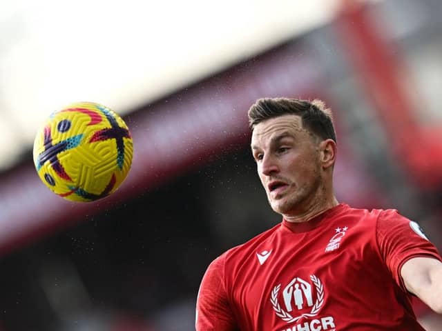 Nottingham Forest's New Zealand striker Chris Wood eyes the ball during the English Premier League football match between Nottingham Forest and Leeds United at The City Ground in Nottingham, central England, on February 5, 2023. (Photo by PAUL ELLIS/AFP via Getty Images)