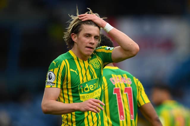LEEDS, ENGLAND - MAY 23: Conor Gallagher of WBA reacts during the Premier League match between Leeds United and West Bromwich Albion at Elland Road on May 23, 2021 in Leeds, England. (Photo by Stu Forster/Getty Images)