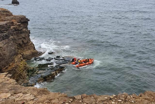Sunderland Coastguard Rescue Team and the RNLI crew from Sunderland Lifeboat Station were called to rescue a man and his dog from rocks at Whitburn.
Photo by Sunderland Coastguard Rescue team.