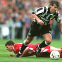 Rob Lee wins the ball off Robbie Fowler in 1994.  Mandatory Credit: See Caption/ALLSPORT