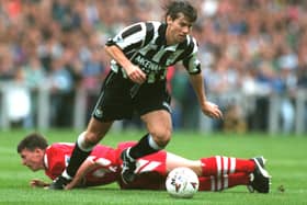 Rob Lee wins the ball off Robbie Fowler in 1994.  Mandatory Credit: See Caption/ALLSPORT