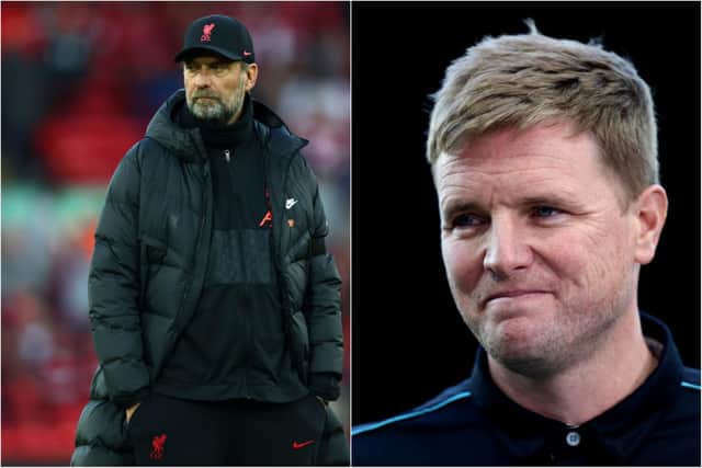 Liverpool manager Jurgen Klopp (left) and Newcastle United head coach Eddie Howe (right).