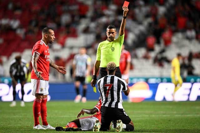 Joelinton received a red card during Newcastle United's clash with Benfica (Photo by PATRICIA DE MELO MOREIRA/AFP via Getty Images)