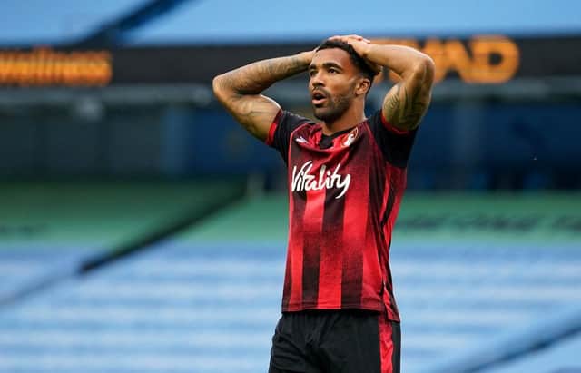 MANCHESTER, ENGLAND - JULY 15: Callum Wilson of AFC Bournemouth in action during the Premier League match between Manchester City and AFC Bournemouth  at Etihad Stadium on July 15, 2020 in Manchester, England.