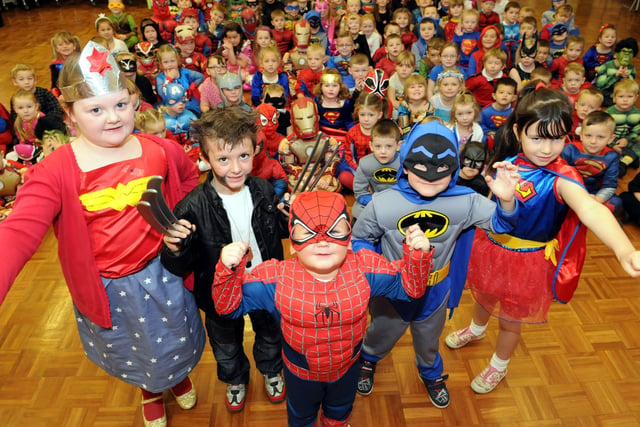 Pupils from Monkton Infants School dressed as superheroes to raise money for Children In Need in 2014.