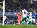 LIVERPOOL, ENGLAND - APRIL 27: Jordan Pickford of Everton fails to stop a dribble from Alexander Isak of Newcastle United, which leads to an assist for his teammate Jacob Murphy (obscured) to score their side's fourth goal during the Premier League match between Everton FC and Newcastle United at Goodison Park on April 27, 2023 in Liverpool, England. (Photo by Alex Livesey/Getty Images)