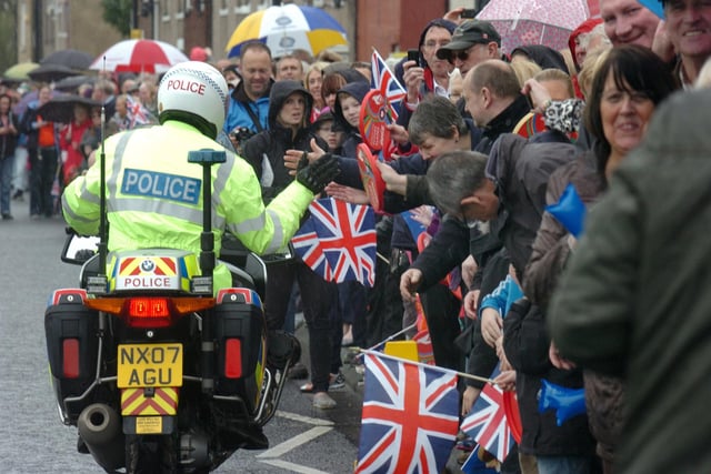 One of the police motorcyclists pictured greeting the crowds at Penshaw.