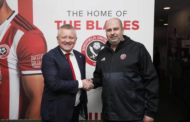 Chris Wilder manager of Sheffield Utd shakes hands with owner H.R.H. Prince Abdullah
