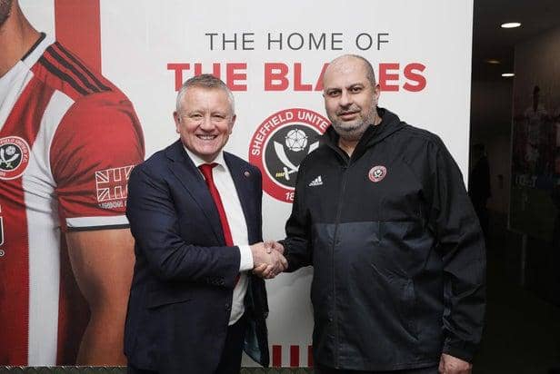 Chris Wilder manager of Sheffield Utd shakes hands with owner H.R.H. Prince Abdullah
