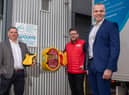 Neil Henry, left, and Paul Smith, right, of HLA Services, with Sergio Petrucci, Red Sky Foundation founder.