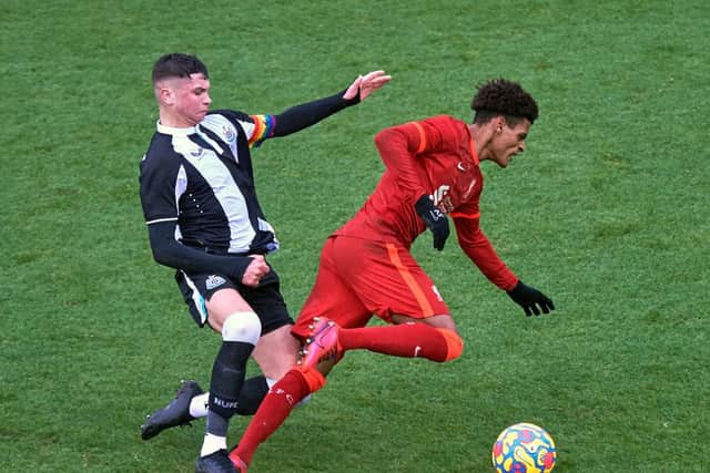 Melkamu Frauendorf of Liverpool and Jamie Miley of Newcastle United in action at AXA Training Centre on December 4, 2021 in Kirkby, England. (Photo by Nick Taylor/Liverpool FC/Liverpool FC via Getty Images)