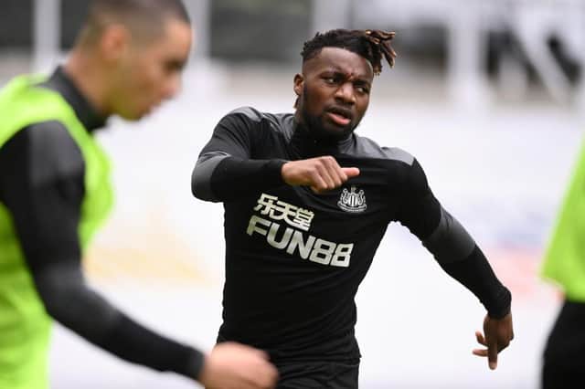 Allan Saint-Maximin of Newcastle United warms up prior to the Premier League match between Newcastle United and Arsenal at St. James Park on May 02, 2021 in Newcastle upon Tyne, England.