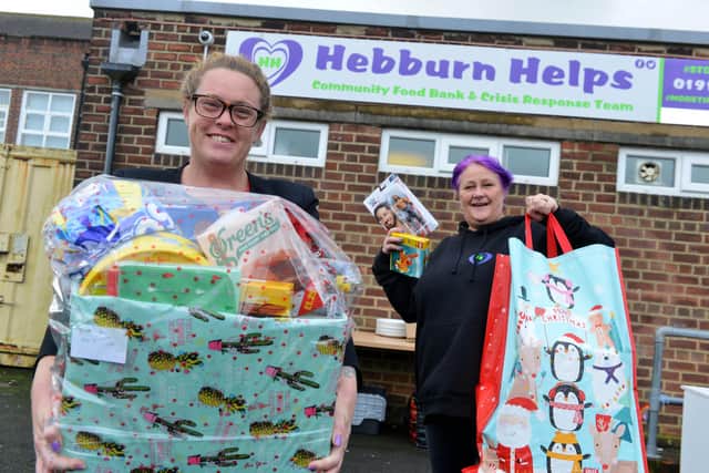 Hebburn Helps Angie Comerford and Jo Durkin (R) with the Christmas hamper donation appeal.