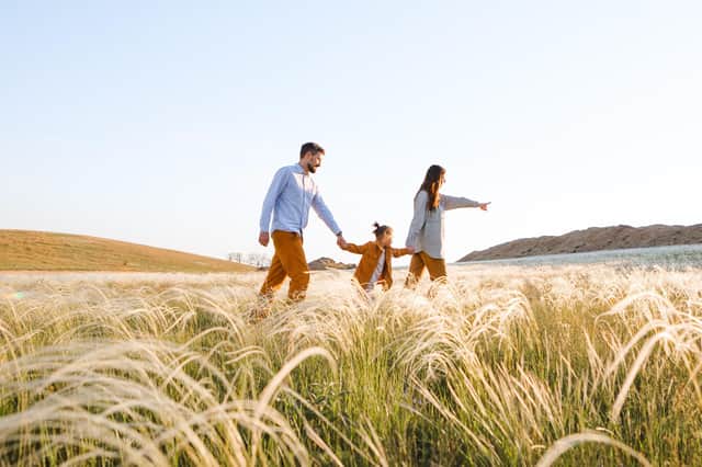 A  family walks in a summer field
