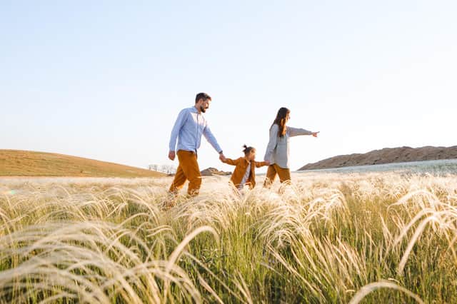 A family walks in a summer field