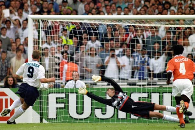 Alan Shearer scores for England in the 4-1 win over the Netherlands at Euro 96. Pic: PA.