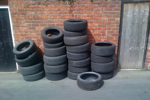 Some of the tyres after they were found in a back lane in South Shields.