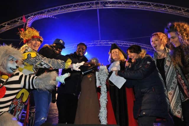 The entertainers and mayoress and mayor get set for the switch on.