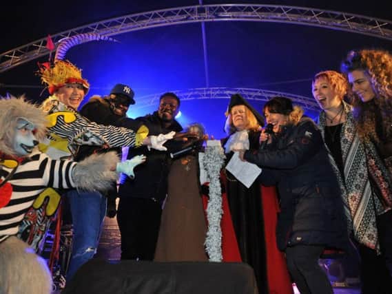 The entertainers and mayoress and mayor get set for the switch on.