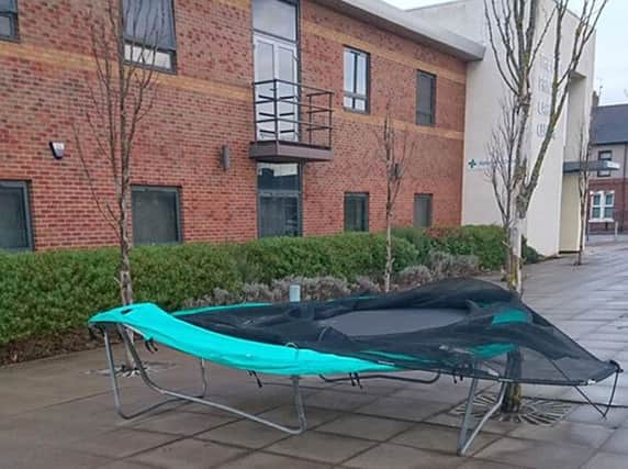 A trampoline was deposited by Storm Eleanor outside The Glen Primary Care Centre in Glen Street, Hebburn. Pic: Twitter/@pmahebburn.