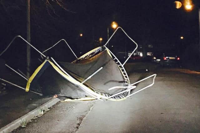 A picture taken with permission from the Twitter feed of @rbarraclough23 of a trampoline in the road in Brigg, North Lincolnshire.