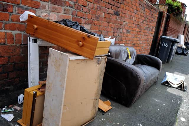 Fly-tipping in a back lane in South Shields.
