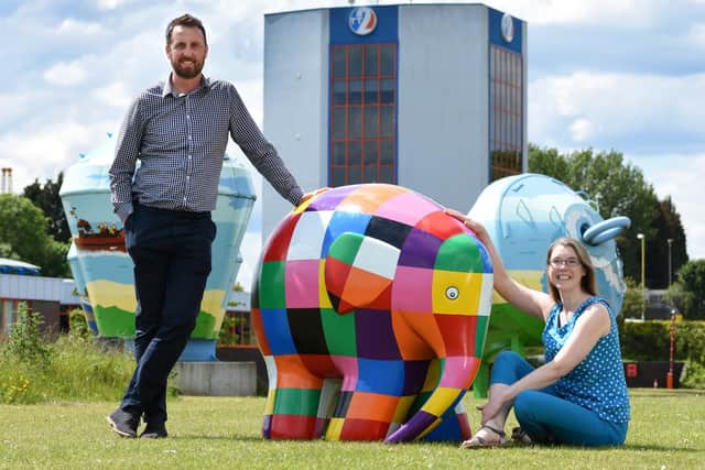 Chris Ward, Customer Operations Manager with artist Joanne Wishart and Elmer. Picture: Ian McClelland.