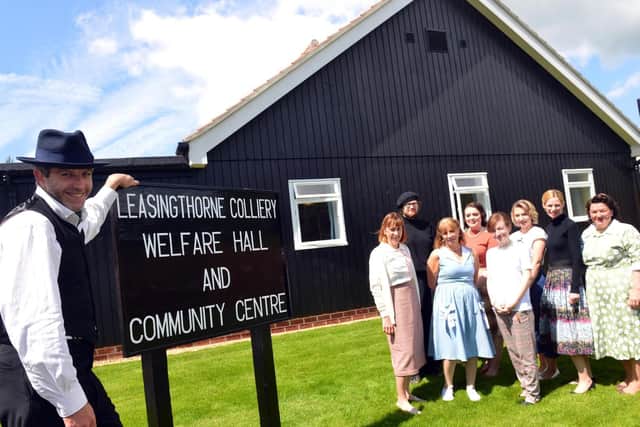 The new 1950's Leasingthorne Colliery Welfare Hall and Community Centre at Beamish Museum with Director of Beamish Richard Evans and costume staff
