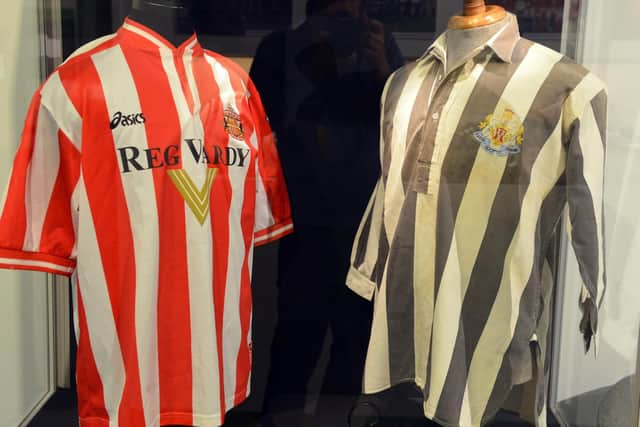More Than A Game football story exhibition story at South Shields Museum. Kevin Phillips SAFC strip 1999-2000 and Jackie Milburn NUFC strip 1951-1952
