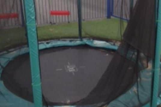 The damaged specialist trampoline at Bamburgh School
