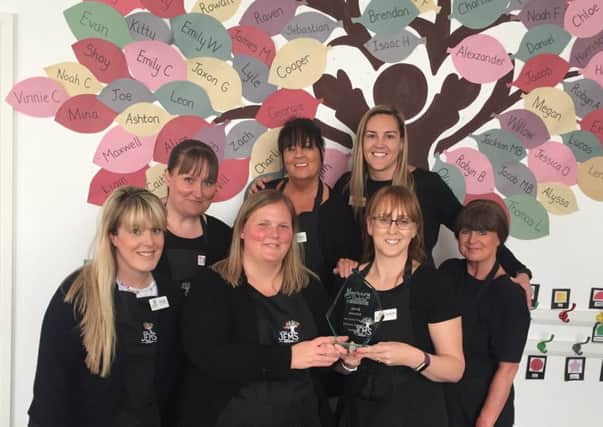 Little Jems Nursery straff celebrate their win. Front, left to right, Vicki Moore, Jemma Coulter, Joanne Telford amd Theresa Purvis. Back, left to right, Dawn Williamson, Angie Symington and Stacie Lane.