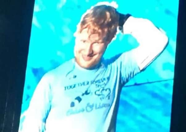 Ed Sheeran wears a Chloe and Liam Together Forever Trust tshirt at his gig in Newcastle.