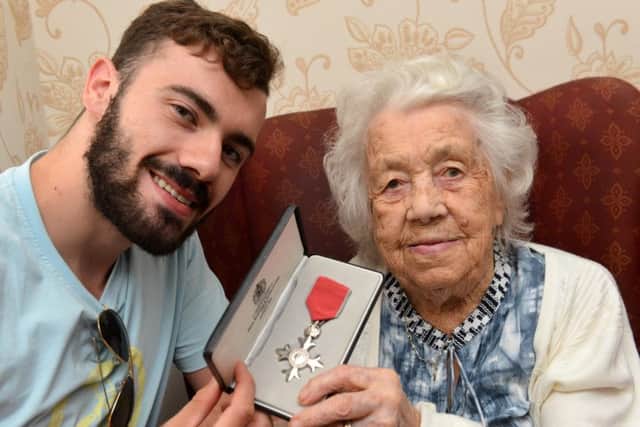 Mena Larkin celebartes her 109th birthday with Josef Craig MBE.