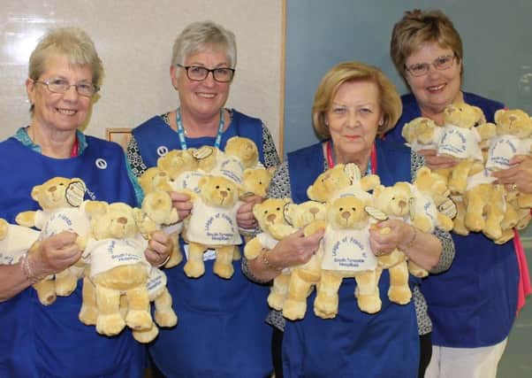 Win Patterson, Maureen Young, Ann Thompson and Sue Goddard, of the League of Friends, with some of the teddies