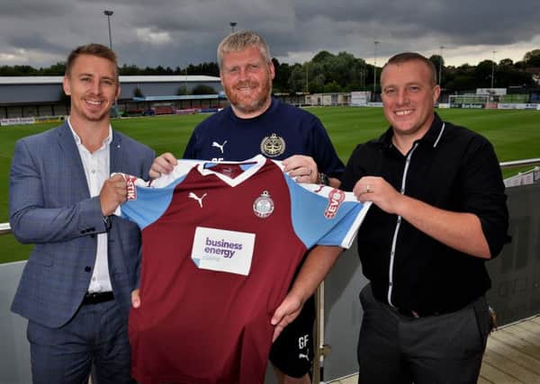 Business Energy Claims director Callum Thompson, left, with South Shields FC joint manager Graham Fenton and Business Energy Claims business development manager Mark Don.