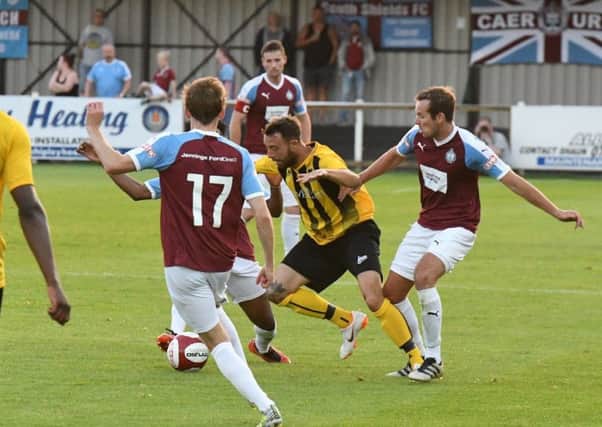 Shields battle against Hebburn (yellow) in Wednesday's 3-0 friendly victory. Picture by Kevin Wilson