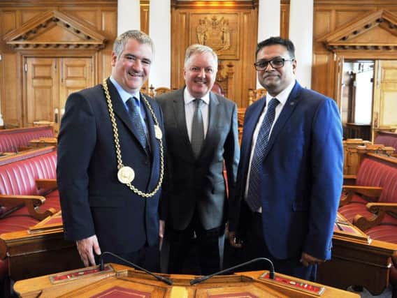 The Mayor Coun Ken Stephenson and council leader Iain Malcom welcome the Bangladeshi Assistant High Commissioner to South Shields Town Hall.