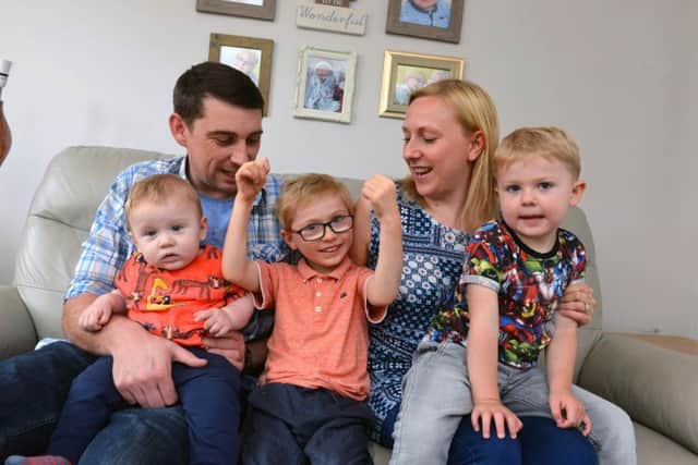 All the family together. Toby is pictured with mum and dad Tracey and Adam Horner, as well as brothers Lucas, 18 months and Ethan, 3.