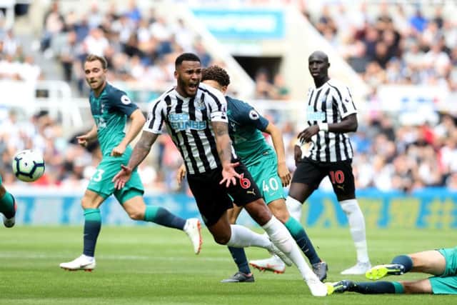 Newcastle United's Jamaal Lascelles (left) reacts after a challenge from Tottenham Hotspur's Ben Davies (right) during the Premier League match at St James' Park, Newcastle..