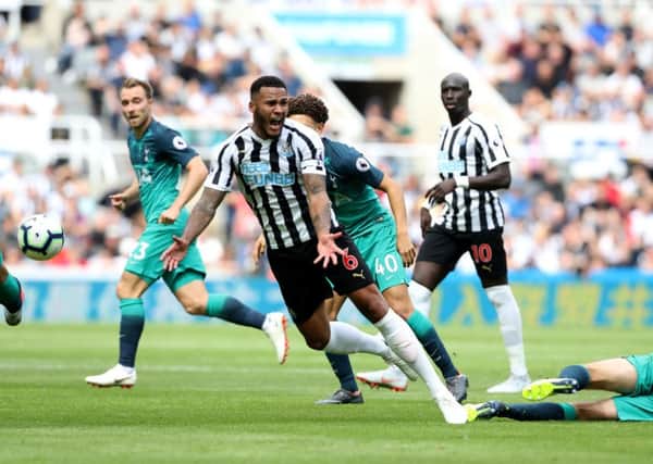 Newcastle United's Jamaal Lascelles (left) reacts after a challenge from Tottenham Hotspur's Ben Davies (right) during the Premier League match at St James' Park, Newcastle..