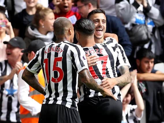 Newcastle celebrate their equaliser against Tottenham.