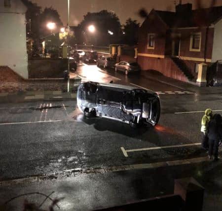 A car on its side following a crash in Salisbury Place in South Shields in the early hours of Sunday.