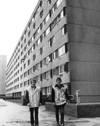 Patrolling high-rise flats at Hebburn in  February 1983.