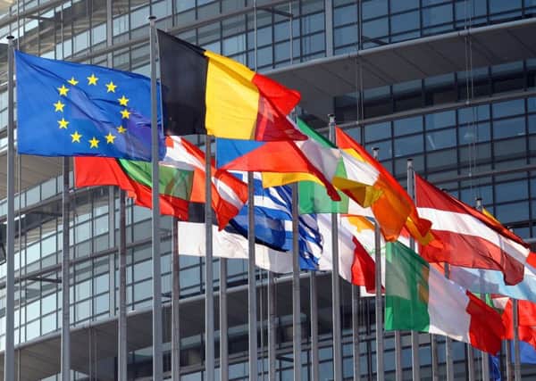 The European Union flag and national flags outside the European Parliament.