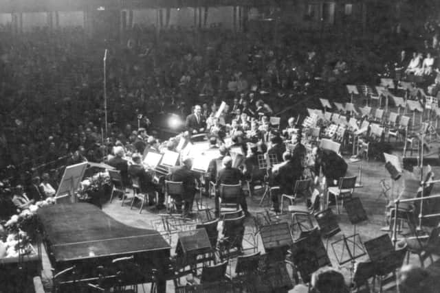 The Harton and Westoe Colliery Band at the Royal Albert Hall in 1969 under the musical direction of Jack Nightingale.