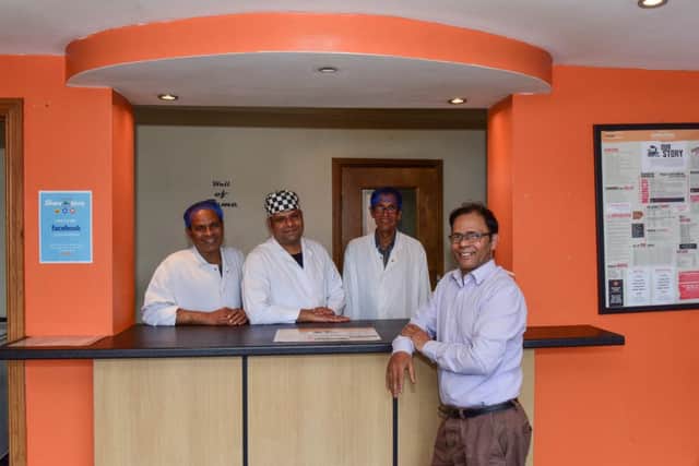 New owners have taken over the Chennai Central Takeway Station, in Boldon Lane, South Shields, to save it from closure after the previous owners retired . Pictured, from left, are assistant chef Rebak Miah, chef Shahin, Tandoori chef Kaptan Miah and manager Ali Hayder.